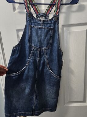 GAP Blue Denim Overalls with Multicolor Striped Straps